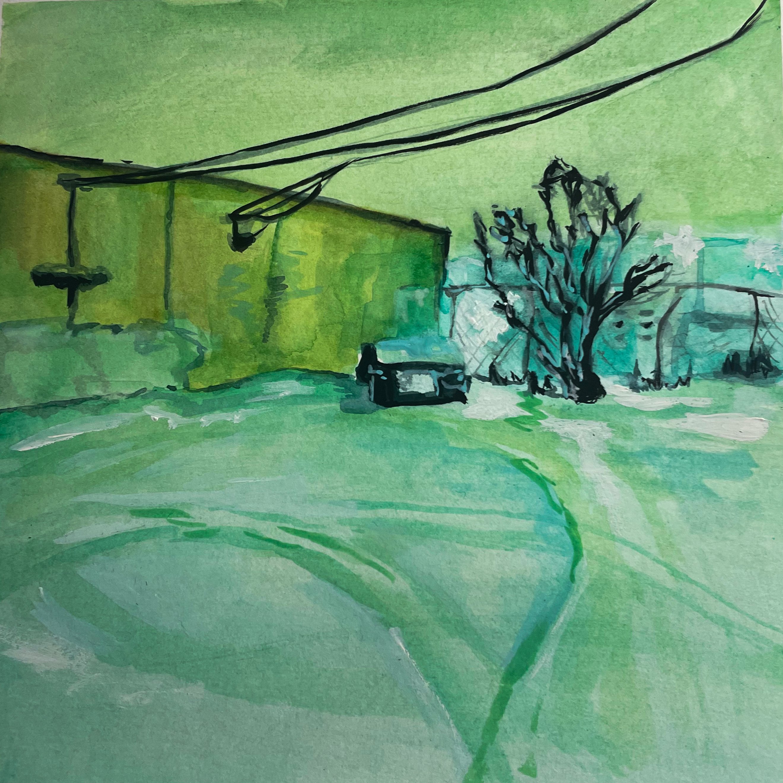 A watercolor painting depicting a snowy alleyway with a green building, a dark vehicle parked nearby, and a leafless tree in the background under a greenish sky.