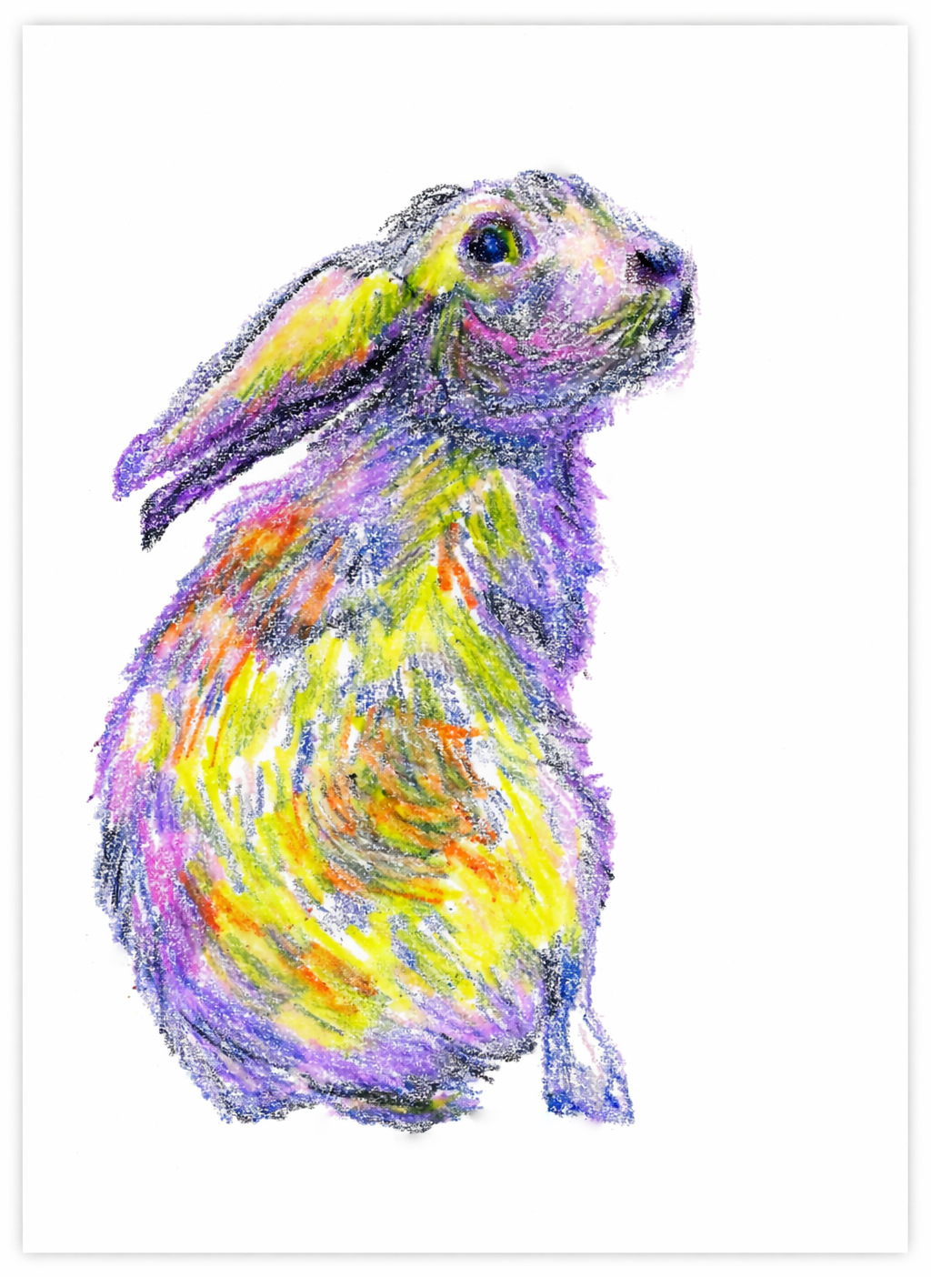 A colorful pastel drawing of a rabbit, featuring shades of purple, yellow, and orange, with its ears perked up and a side view of its face.